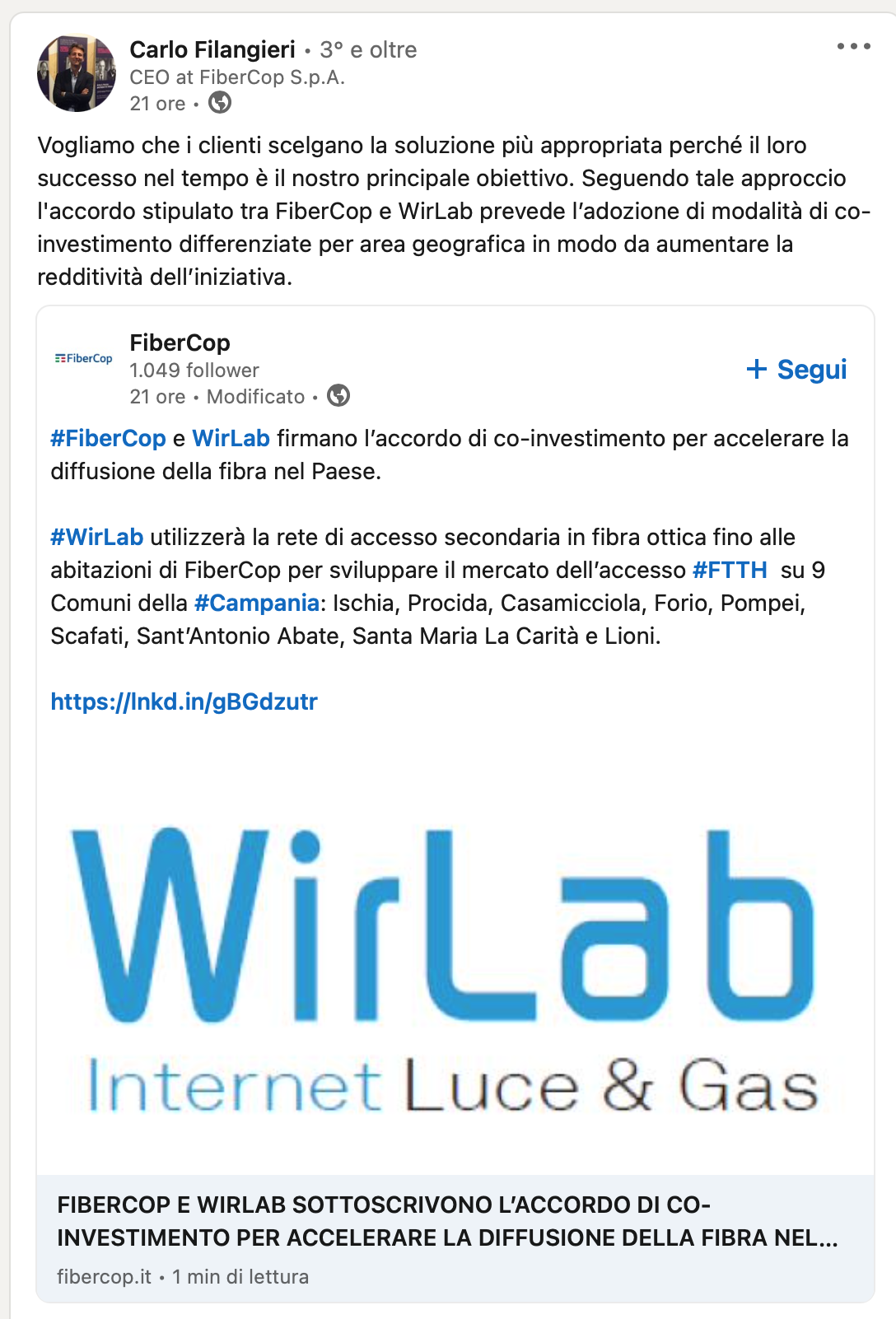 FiberCop post linkedin partnership con WirLab