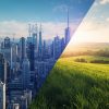 Digital Divide tra città moderna con grattacieli e antenne 5G contrapposta ad un paesaggio rurale