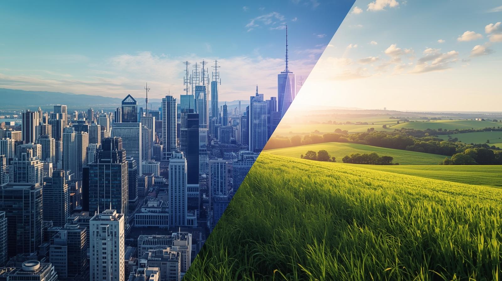 Digital Divide tra città moderna con grattacieli e antenne 5G contrapposta ad un paesaggio rurale